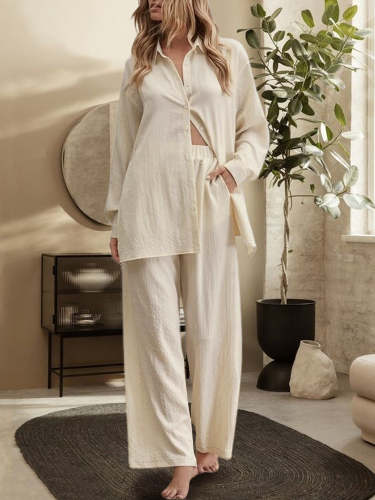 Cotton and Linen Long-sleeved Commuter Skin Tone Linen Solid Color Slit Tunic and Wide-leg Pants Set