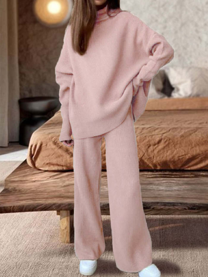 Long Sleeve Wide Leg Pants Loose High Neck Knit Casual Two Piece Set