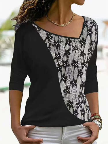V-neck Casual Loose Lace Panel Long Sleeve T-shirt