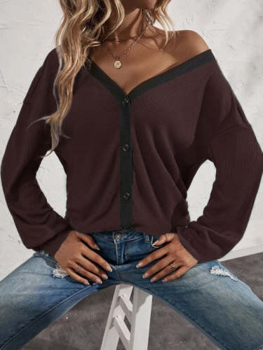 V-neck Casual Loose Contrast Long Sleeve T-shirt