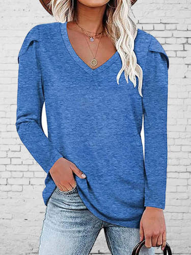 Solid Color V-Neck Petal Sleeve Long-Sleeve Casual Top