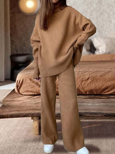 Long Sleeve Wide Leg Pants Loose High Neck Knit Casual Two Piece Set