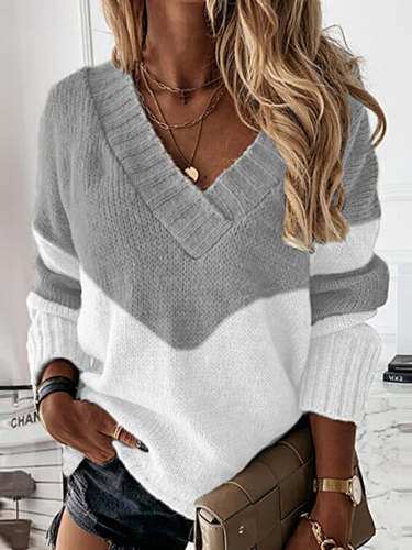 Casual Loose Colorblock V-Neck Long Sleeve Sweater