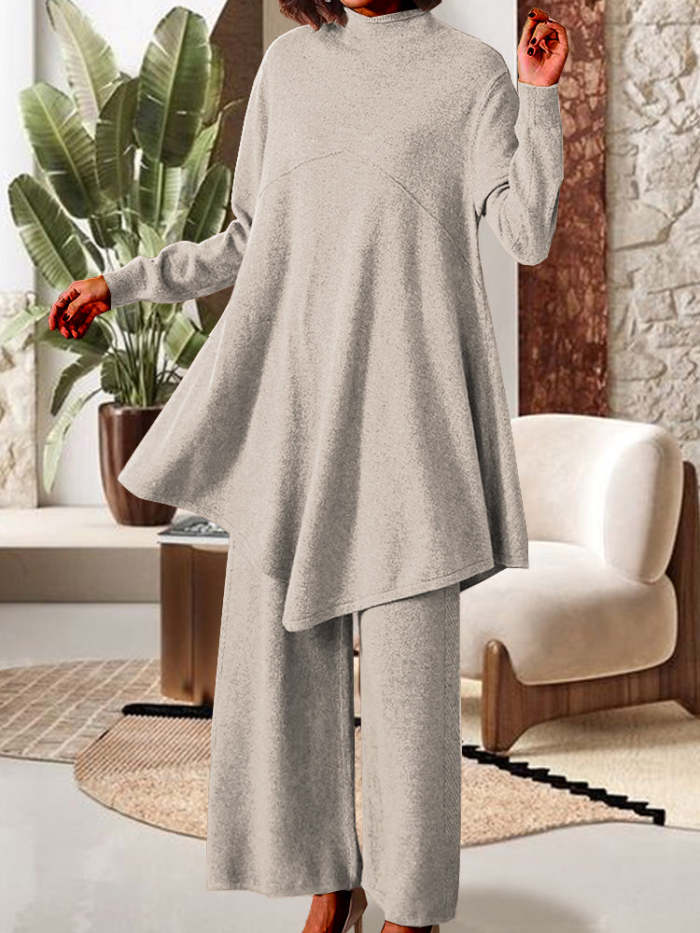 Irregular Beveled Loose Pullover Sweater Two-piece Summer Dress Simple Wide-leg Pants Suit