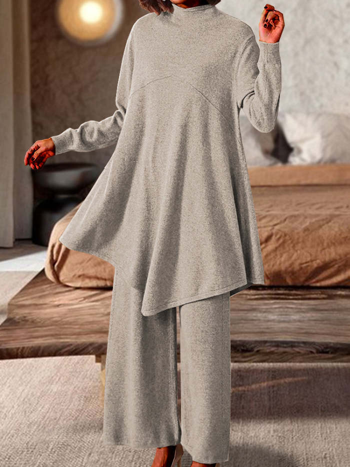 Irregular Beveled Loose Pullover Sweater Two-piece Summer Dress Simple Wide-leg Pants Suit