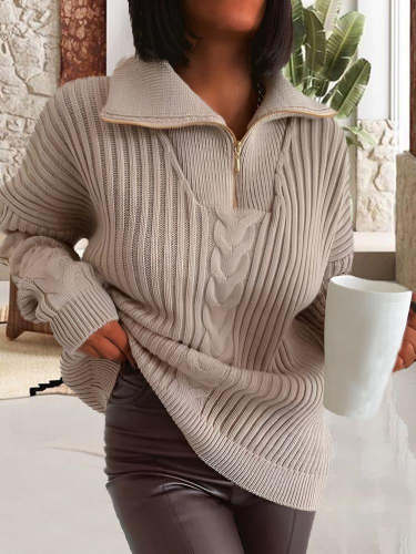 Sweater Twist Lapel Lazy Loose Casual Solid Color Knit Zip Sweater