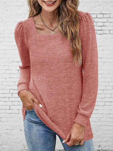 Solid color U-neck pleated long-sleeved casual women's bottoming shirt women
