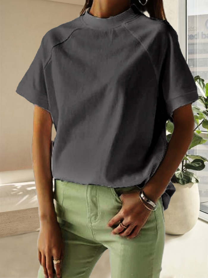 Raglan Sleeve Half Turtleneck T-Shirt Ladies Loose Half Sleeve