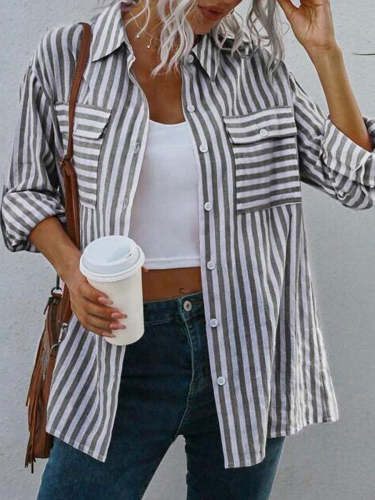 Casual Loose Striped Print Cardigan Long Sleeve Blouse