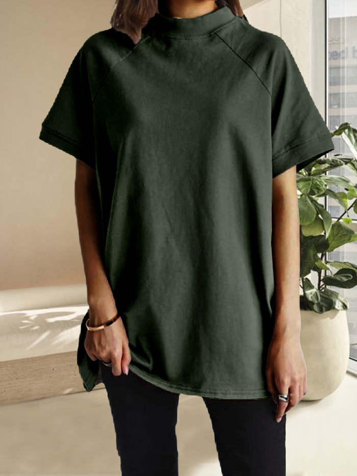 Raglan Sleeve Half Turtleneck T-Shirt Ladies Loose Half Sleeve