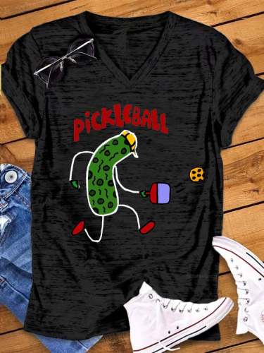 Women's Funny Tennis Pickball Print V-Neck T-Shirt