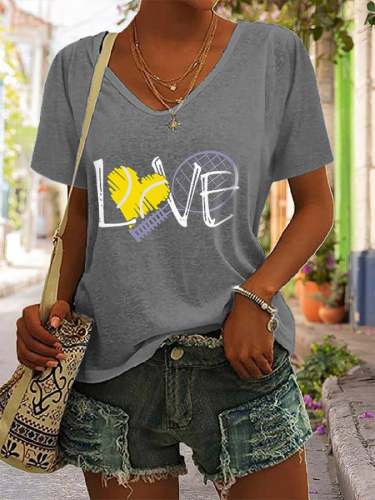 Women's Love Tennis Print V-Neck Short Sleeve T-Shirt