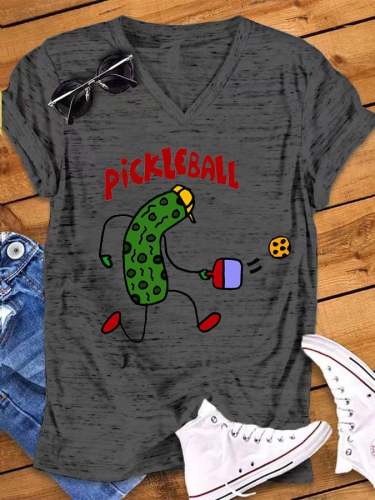 Women's Funny Tennis Pickball Print V-Neck T-Shirt
