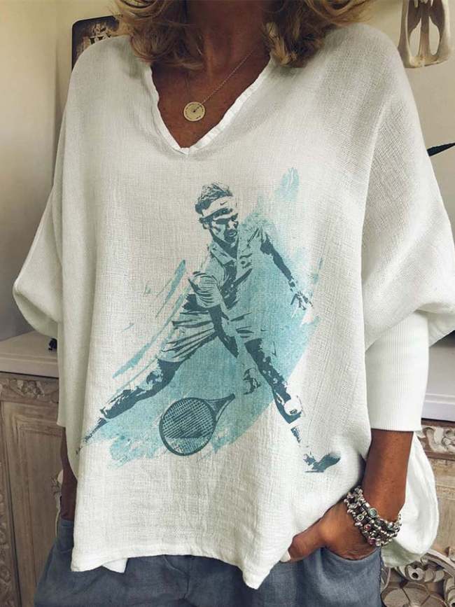 Women's Greatest Tennis Player RF Print Casual V-Neck Long Sleeve T-Shirt