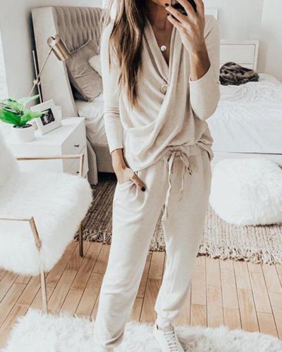 Simple Neck Ruffled Loose Top Pants Knitted Suit