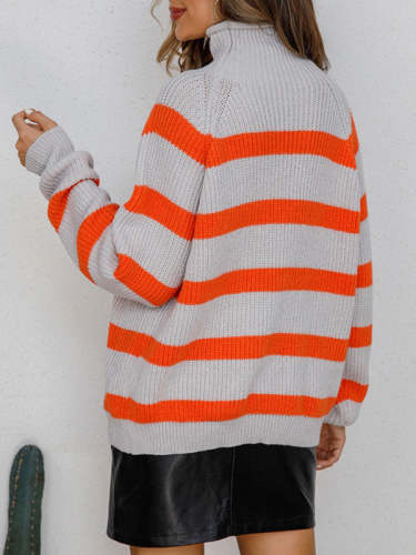 Paneled Striped Turtleneck Pullover Knit Sweater