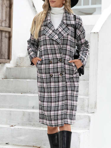 Double-breasted Plaid Print Trench Coat