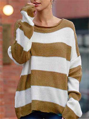 Crew Neck Striped Casual Knit Sweater