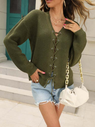 Solid V-Neck Cutout Tie Knit Sweater