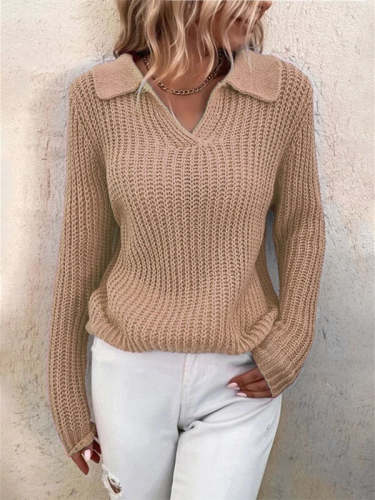 Solid Color Lapel Neck Knit Sweater