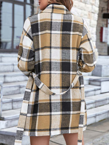 Tie-waist Plaid Print Casual Coat
