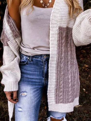 Stylish Color Block Knitted Loose Cardigan