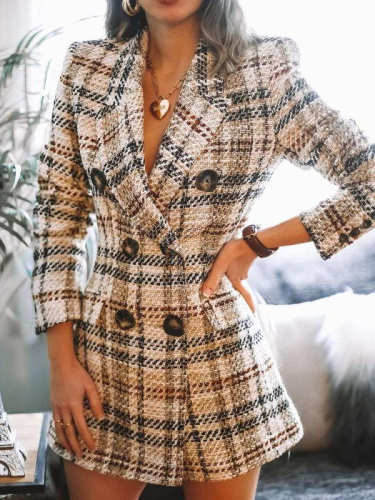 Trendy Double Breasted Plaid Print Coat