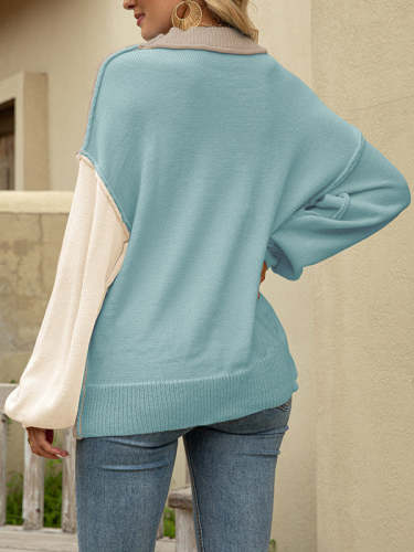 Patchwork Chic Knit Crew Neck Pullover Sweater
