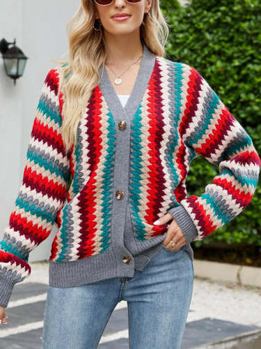 Striped Button Up Loose Cardigan Sweater