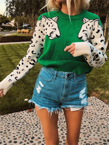 Leopard Sleeve Color Block Knitting Sweater