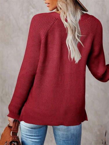 Solid Knitted V-neck Button Wool Sweater