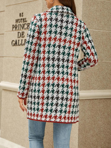 Contrast Color Houndstooth Knitted Blazer Cardigan
