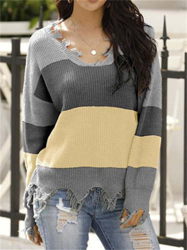 V-Neck Striped Fringe Contrast Knit Sweater