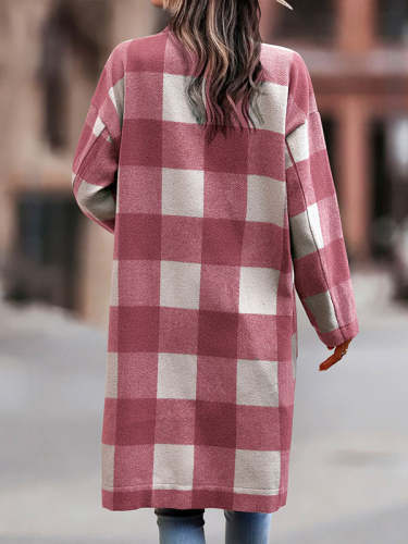 Long Sleeve Single Breasted Neckless Plaid Coat
