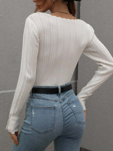 Solid Color Button Cuff Pullover Slim Sweater