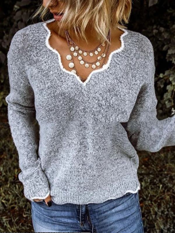 V-Neck Long Sleeve Casual Cute Pullover Sweater