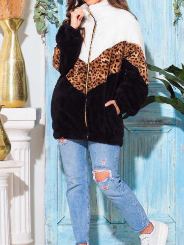 Leopard Print Zipped Long Sleeve Plush Coat