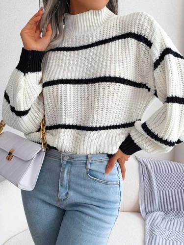 Casual Striped Balloon Sleeve Turtleneck Knit Sweater