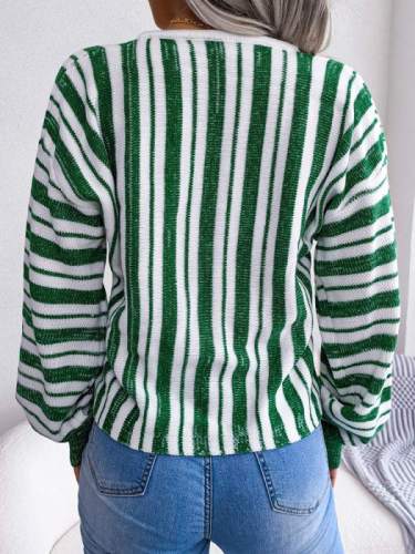 Contrast Stripe Lace-Up Balloon Sleeve Sweater