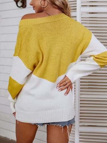 Long Sleeve V-Neck Contrast Pullover Knit Sweater