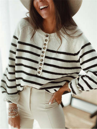 Stylish Striped Pullover Button Sweater