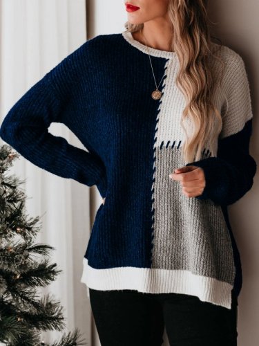 Contrast Crew Neck Pullover Loose Sweater