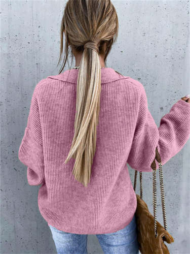 V-Neck Loose Long Sleeve Pocket Sweater
