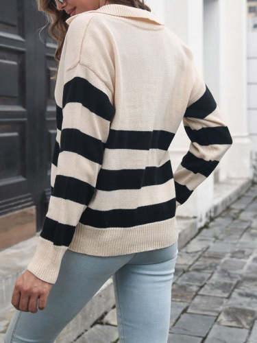Lapel V-neck Stripes Knitted Loose Sweater