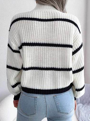 Casual Striped Balloon Sleeve Turtleneck Knit Sweater