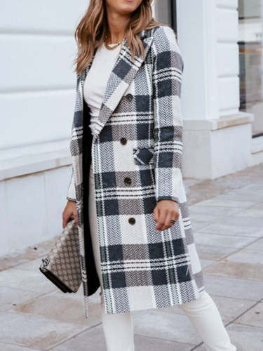 Double Breasted Stylish Plaid Print Overcoat
