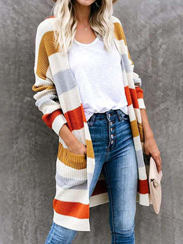 Color Block Long Cardigan with Pockets