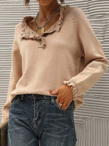Ruffled Neckline Solid Pullover Sweater