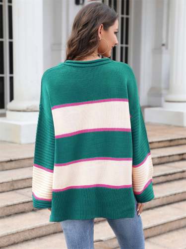 Long Sleeve V-neck Slit Hem Striped Loose Sweater