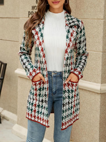 Contrast Color Houndstooth Knitted Blazer Cardigan